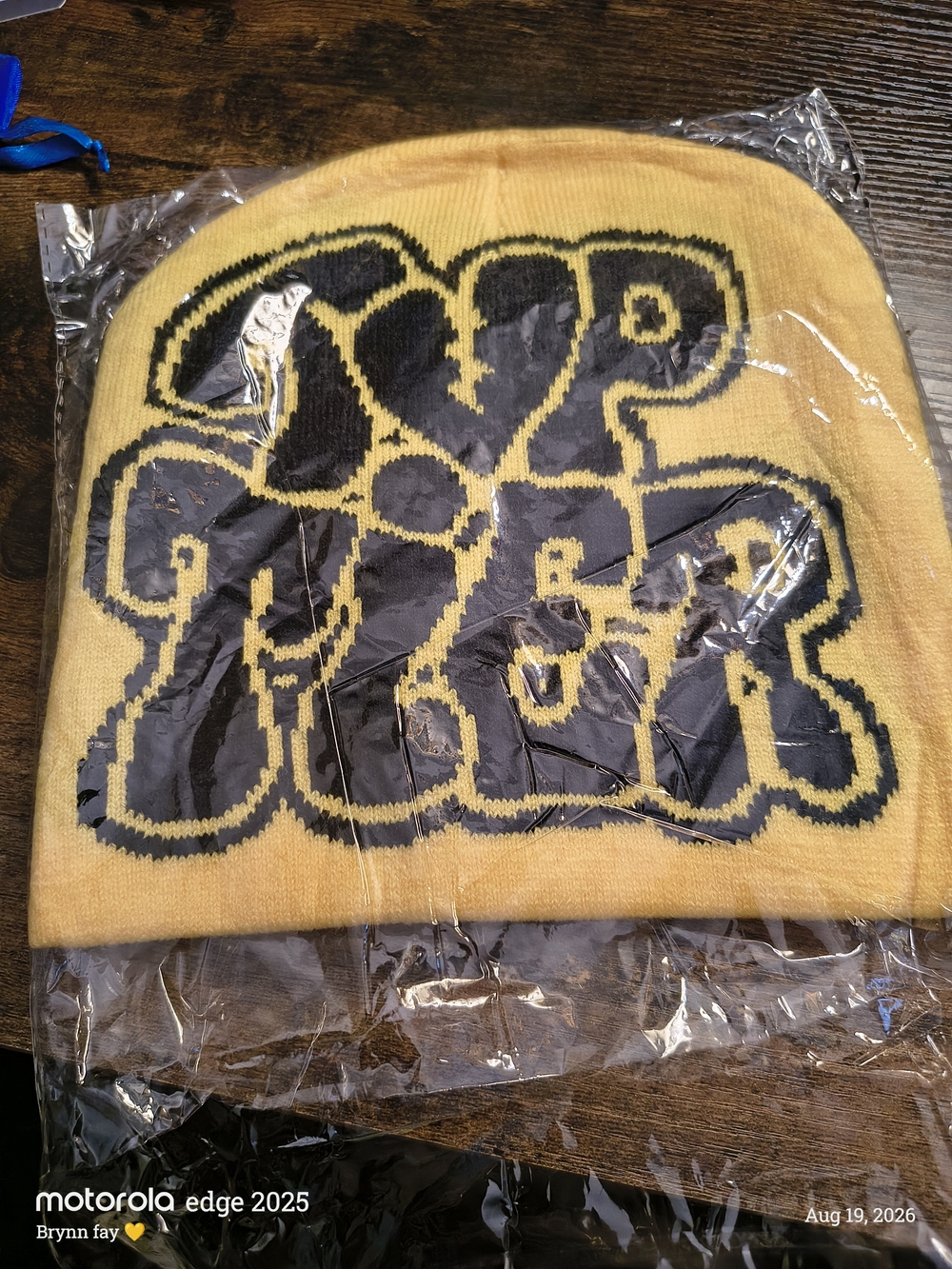 Yellow Graphic Knit Beanie with Bold Black Lettering